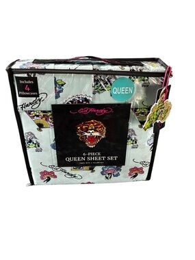 NWT Ed Hardy Queen 6 Pc Sheet Set Sage Green Tiger Skull Print